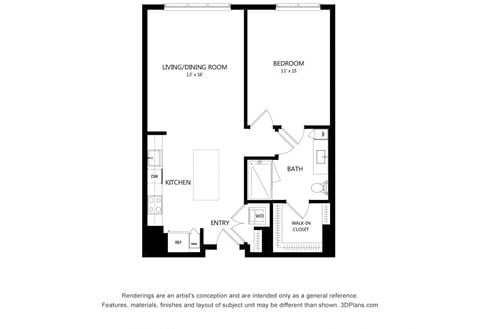 Floor plan for 1 bed, 1 bath, 842 sqft